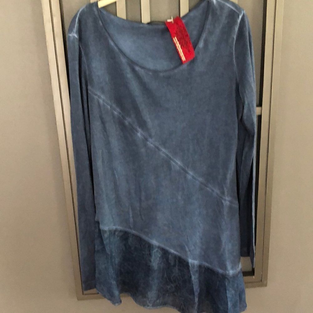 NWT Barbara lesser tunic top denim color with ruffle peplum size M